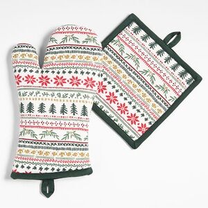 New! Crate&Barrel Nordic Fair Isle Festive Oven Mitt and Pot Holder Set